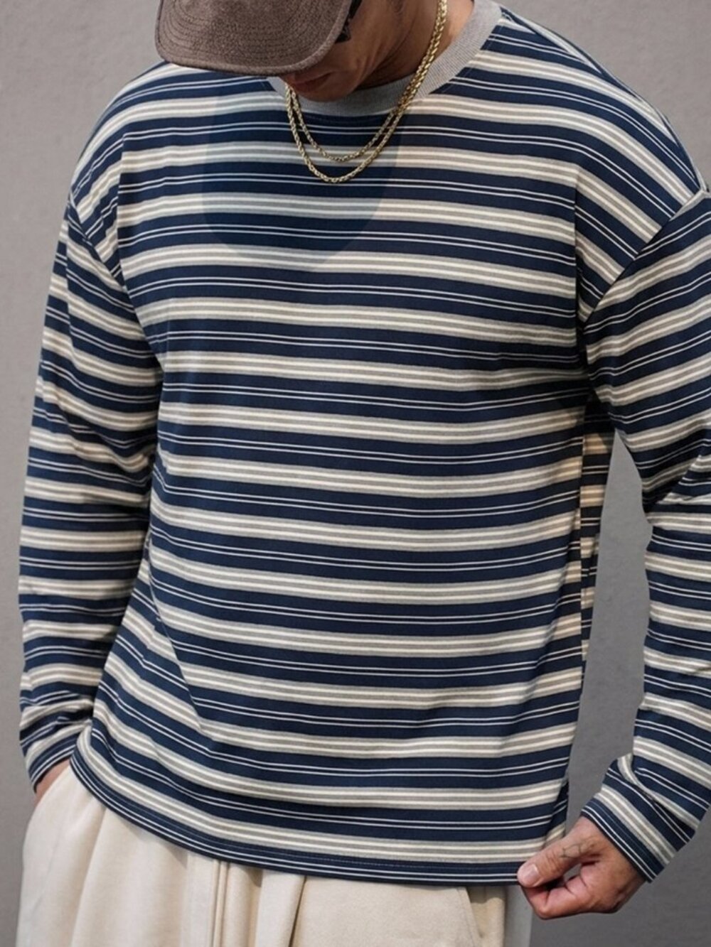 Multicolor Striped Drop Shoulder Regular Fit Men's Rib-Knit Round Neck T-Shirt